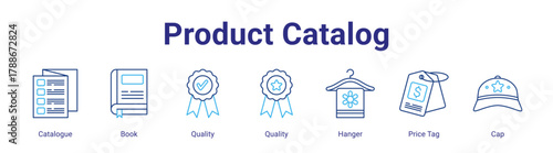 Product Catalog web icon vector illustration concept with icon of Catalogue,Book,Quality,Quality,Hanger,Price Tag,Cap,in modern flat vector style.