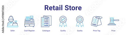 Retail Store web icon vector illustration concept with icon of Seller,Cash Register,Catalogue,Quality,Quality,Price Tag,Price,in modern flat vector style.