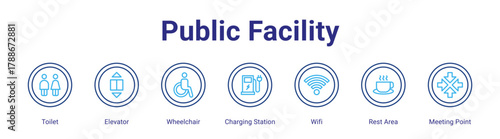 Public Facility web icon vector illustration concept with icon of Toilet,Elevator,Wheelchair,Charging Station,Wifi,Rest Area,Meeting Point,in modern flat vector style.