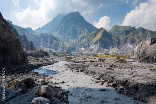 Scenic Landscape of Lahar Remnants: Rugged Riverbed amidst Destruction at Pinatubo Volcano, Philippines