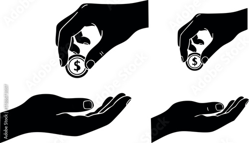 Hand giving coin to open palm symbolizing charity donation concept vector illustration
