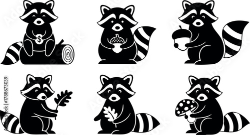 Cute raccoon vector set holding different autumn objects in black and white design for seasonal and wildlife themes