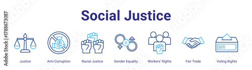 Social Justice web icon vector illustration concept with icon of Justice,Anti-Corruption,Racial Justice,Gender Equality,Workers' Rights,Fair Trade,Voting Rights,in modern flat vector style.