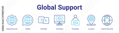 Global Support web icon vector illustration concept with icon of Global Services,Global,Translate,Translator,Translator,Location,Internet Security,in modern flat vector style.