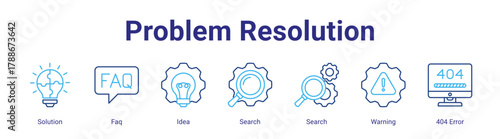 Problem Resolution web icon vector illustration concept with icon of Solution,Faq,Idea,Search,Search,Warning,404 Error,in modern flat vector style.