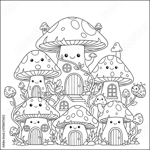 Whimsical Mushroom Houses Coloring Page for Kids
