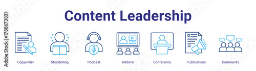 Content Leadership web icon vector illustration concept with icon of Copywriter,Storytelling,Podcast,Webinar,Conference,Publications,Comments,in modern flat vector style.