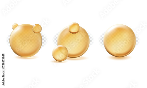 Set of realistic 3D golden oil drops. Liquid vitamin, collagen, or serum