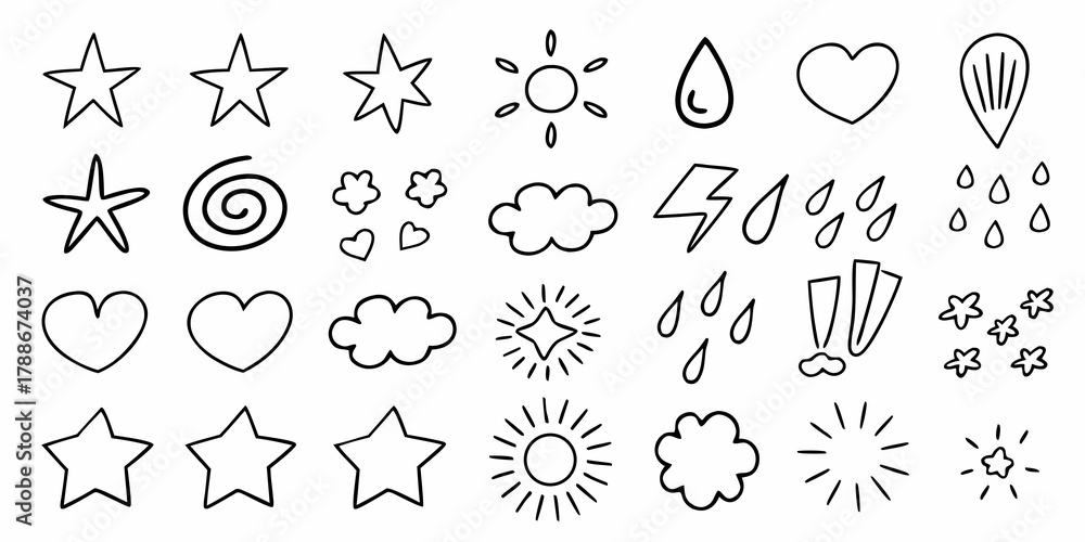 Fototapeta premium Collection of hand drawn doodle icons including stars hearts clouds sun rain lightning and more