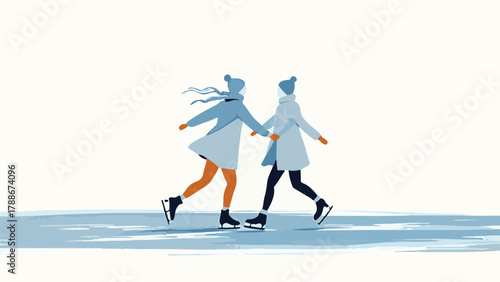 Winter ice skating vector illustration of outdoor activity in snow landscape