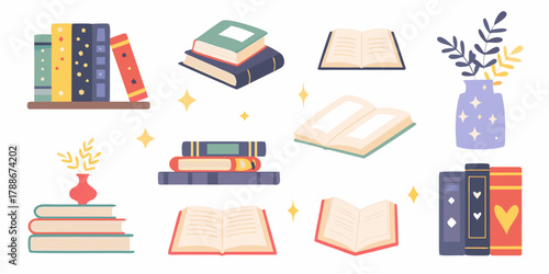 Collection of illustrated books open books and decorative vases with plants on a white background