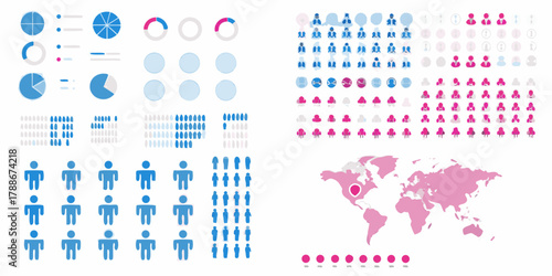 Collection of diverse infographic elements including pie charts bar graphs people icons and world map