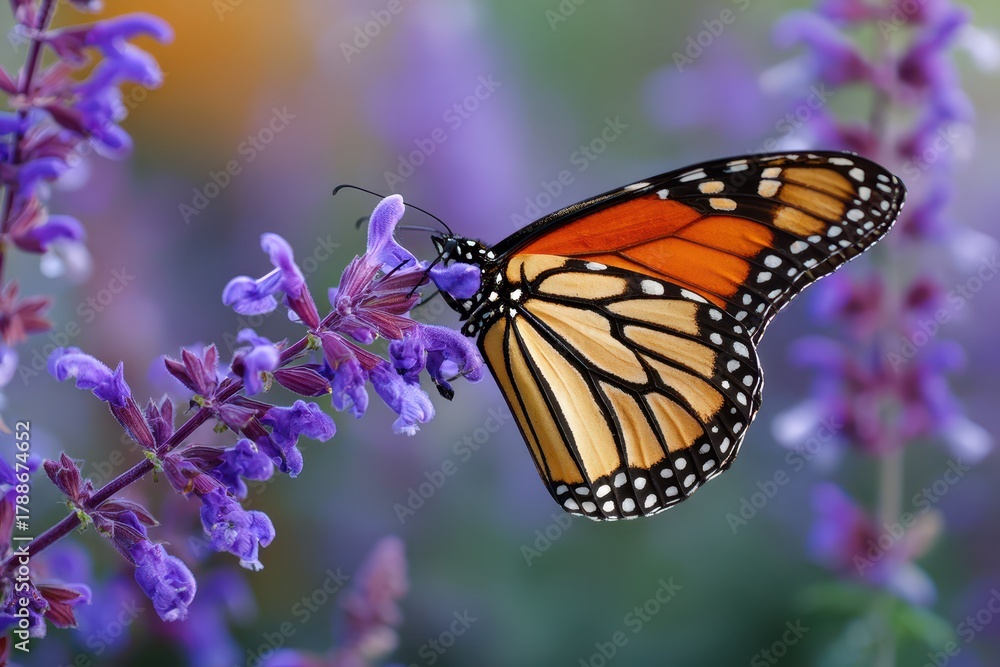 Obraz premium Monarch Butterfly Sipping Nectar from Blooming Purple Mexican Sage Flowers in Soft Focus