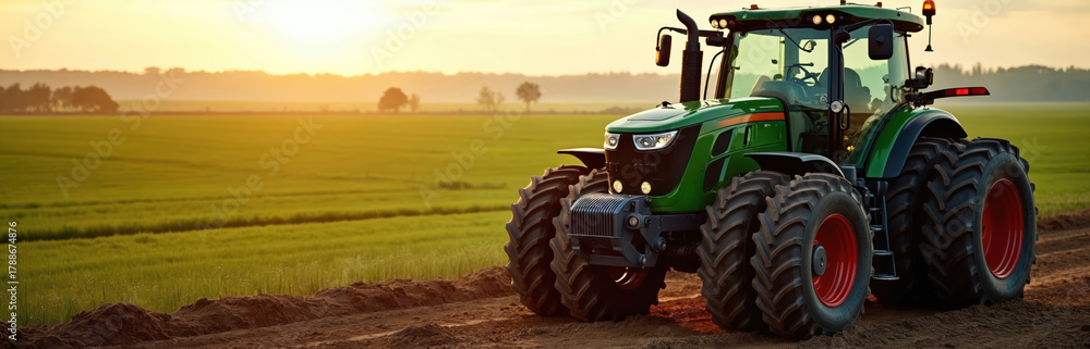 Obraz premium Modern green tractor stands on a dirt road next to a vast green farm field. Golden sunlight shines over the rural landscape. Agricultural machinery is ready for crop cultivation work at dawn or dusk.