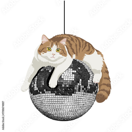 fluffy cat on a disco ball funny retro illustration