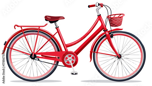 Very beautiful stylish red female bicycle isolated on a white background, featuring an elegant frame design, comfortable saddle, smooth tires, and a clean modern appearance perfect for lifestyle and 
