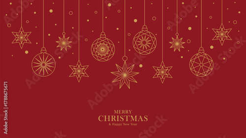 Luxury red Christmas card template vector, elegant hanging gold ornaments decoration line art design.