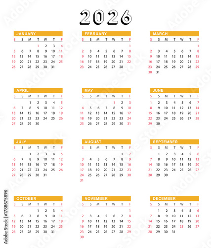 Calendar 2026 Template Design Vector Template