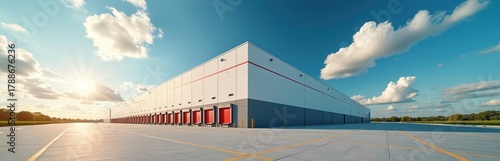 Panel kuchenny z motywem Modern industrial warehouse building exterior. Large storage facility many loading docks with red doors, facing empty concrete parking lot in rural area. Bright sunny day, blue sky with white clouds.