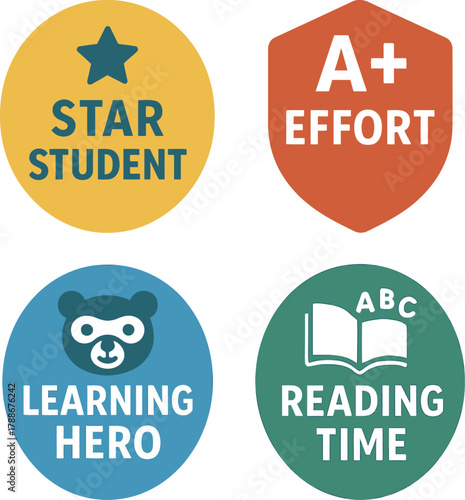 Four educational stickers for students with icons and phrases