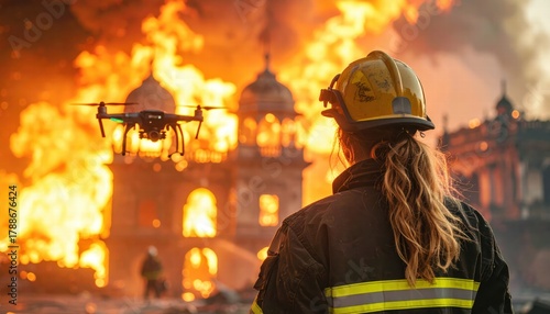 firefighter with a drone in front of a huge fire during an emergency