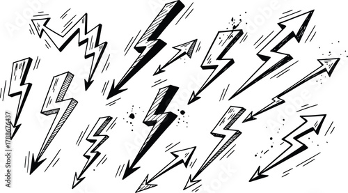 Collection of handdrawn lightning bolt and arrow icons