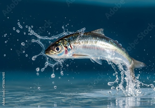 A sardine leaps from the water in a dynamic splash against a blue background, showcasing vitality