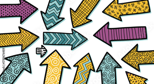 Colorful handdrawn arrows with different patterns