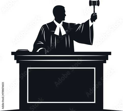 Silhouette of a judge holding a gavel at a desk