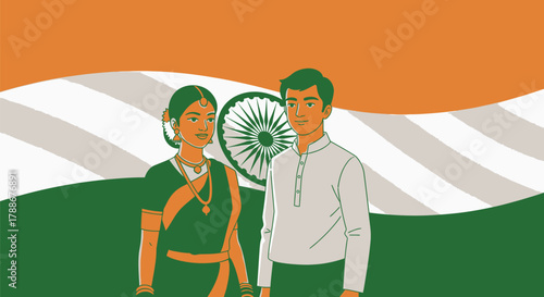 Indian couple in traditional attire against the indian flag