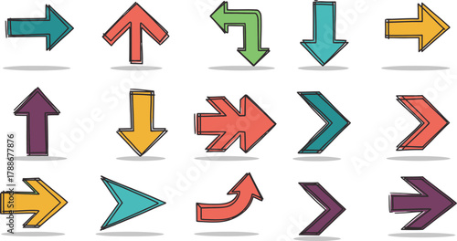 Collection of colorful handdrawn arrows pointing in different directions