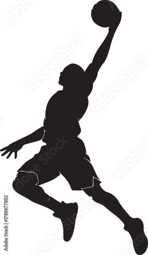 Silhouette of a basketball player in dynamic action preparing to shoot