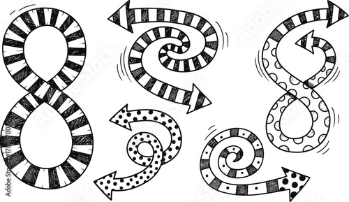 Black and white doodle arrows forming figure eight and spiral shapes