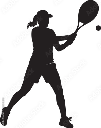 A silhouette of a female tennis player preparing to hit a ball