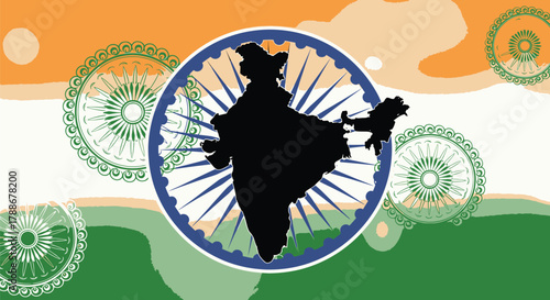 Silhouette of india map on ashoka chakra against indian flag background