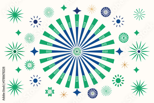 Radial Starburst Pattern with Green and Blue Spokes and Scattered Stars Keywords: starburst, radial pattern, spokes
