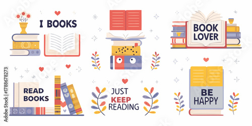 Collection of charming illustrations celebrating reading and books with positive messages like i love books and be happy