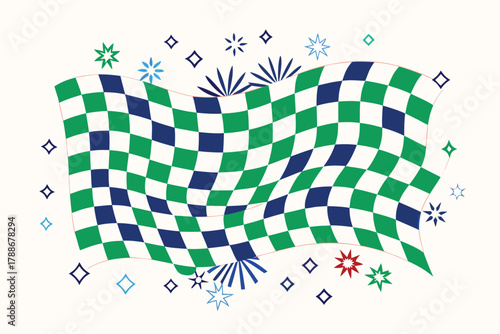 Waving Racing Flag with Stars and Sparkles on White Background Keywords: checkered flag, racing flag, checkered
