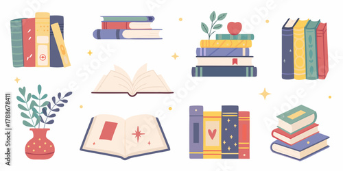 Collection of charming illustrated books and decorative elements in a flat design style