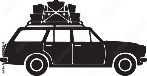 Silhouette of a vintage station wagon loaded with luggage on its roof rack Keywords: car, station wagon, vintage car, retro car, travel, road trip, luggage, roof rack, bags, on transparent background