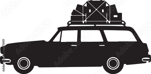 Silhouette of a vintage station wagon with luggage on a roof rack automobile vehicle on transparent background
