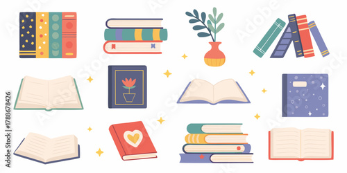 Collection of charming flat design illustrations featuring various books and a decorative plant in a vase
