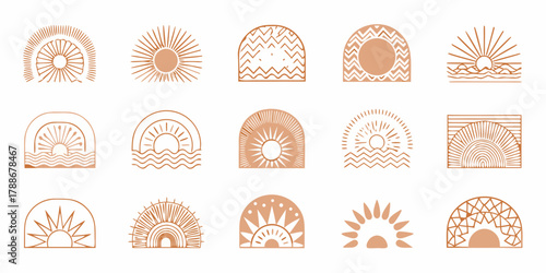 Collection of abstract boho sun and arch icons with geometric patterns and wave designs