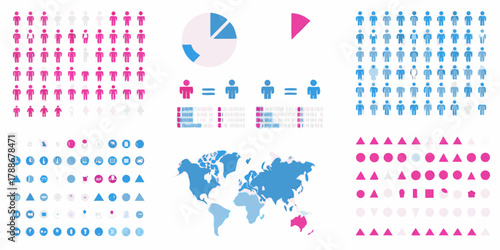 Collection of infographics and icons representing demographics data visualization and global statistics