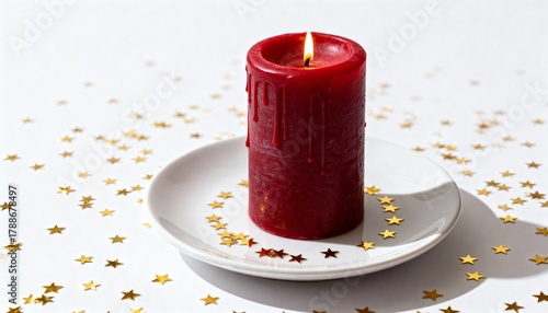 Festive red candle burning with gold star confetti for Christmas. Holiday still life decoration on a white background