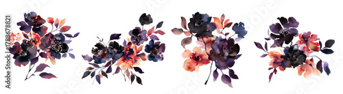 Set of abstract vector watercolor bouquets in deep blue, violet, terracotta tones, expressive modern floral, greeting cards, wedding invitations, posters, and creative design projects.