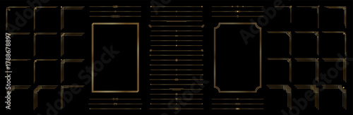 Golden thin linear frame, border, divider set. Elegant premium gold geometric radiance borders collection in art deco style on black background. Vector illustration
