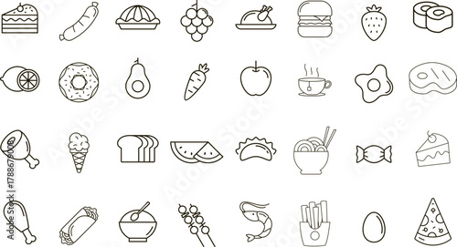 General Food and Meal Vector Icons. Set of 32 brown line art symbols for restaurants, delivery apps, and menus. Includes pizza, burger, sushi, cake, avocado, and steak