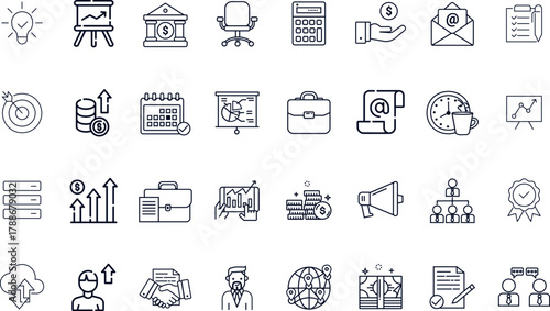 Business and Finance Vector Icons. Set of 32 blue-grey line art symbols for corporate management, banking, and growth. Includes bank, handshake, chart, target, and briefcase