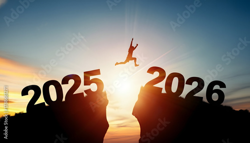 Person jumping between 2025 to 2026 at sunrise symbolizing new year transition, new year 2026 background